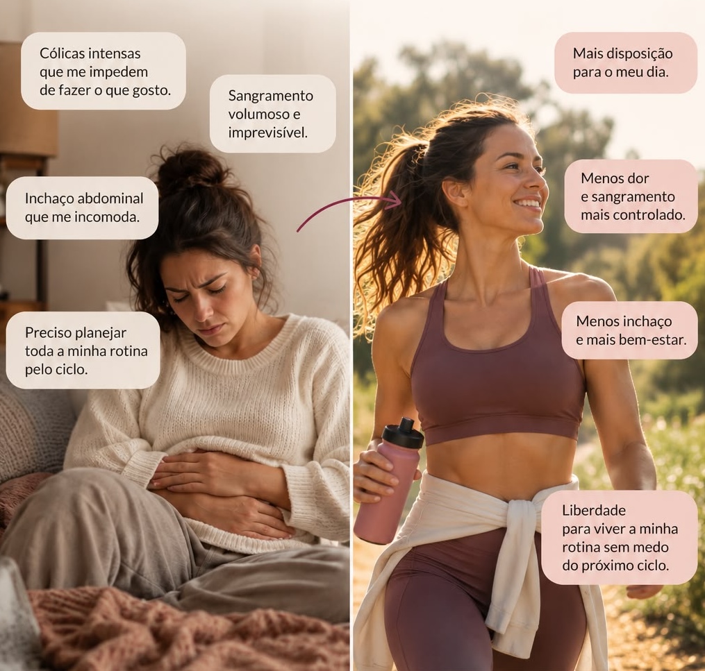 À esquerda, mulher em casa com cólicas e desconforto abdominal; à direita, a mesma mulher disposta, ao ar livre. Imagem ilustrativa, sem promessa de resultado.